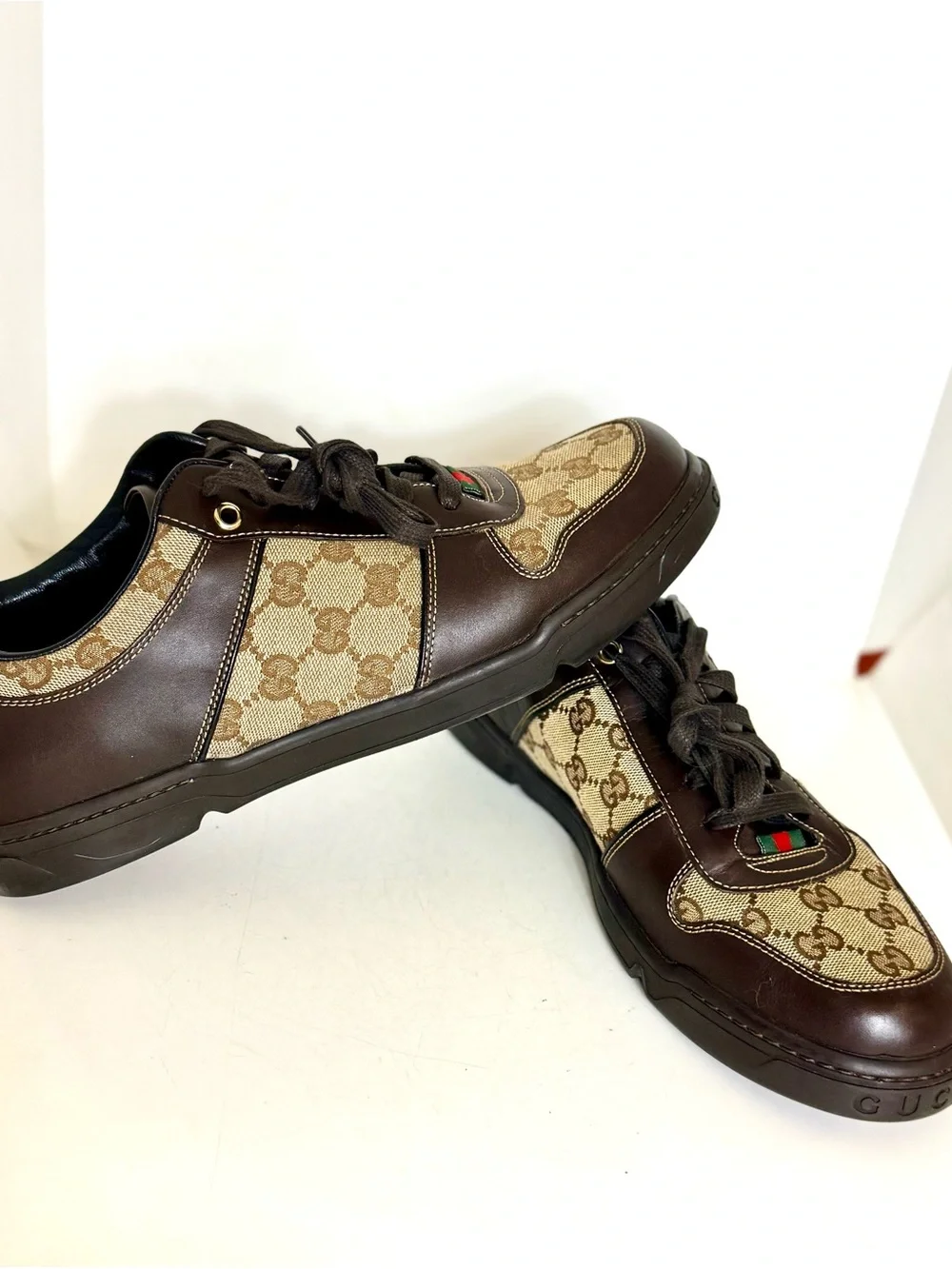 Gucci Brown GG Canvas & Dark Brown Leather Sneakers with Green-Red Web Size 8